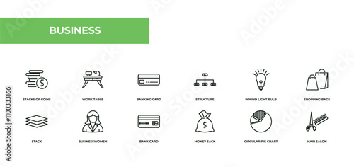 fully editable outline icon collection from business concept. thin line icons set such as stacks of coins, work table, banking card, circular pie chart, hair salon,