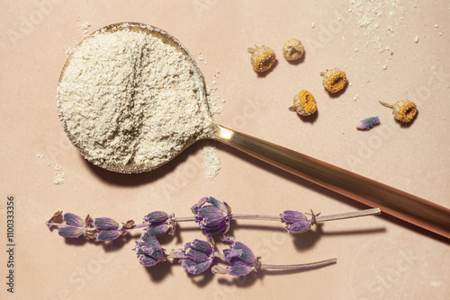 Cosmetic texture sample swatch of herbal ubtan or enzyme powder with lavender flowers on beige natural pink clay background photo