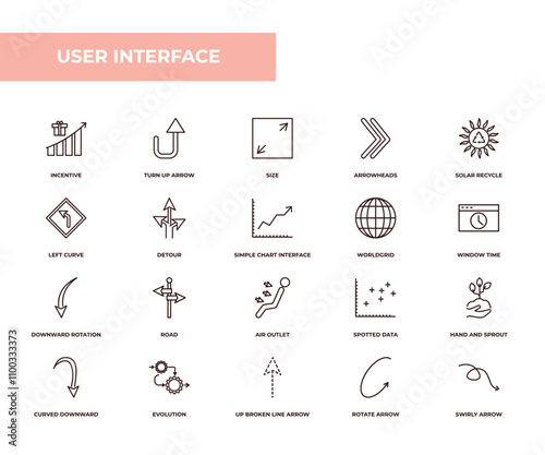 fully editable outline icon collection from user interface concept. thin line icons set such as incentive, turn up arrow, left curve, rotate arrow, swirly arrow,