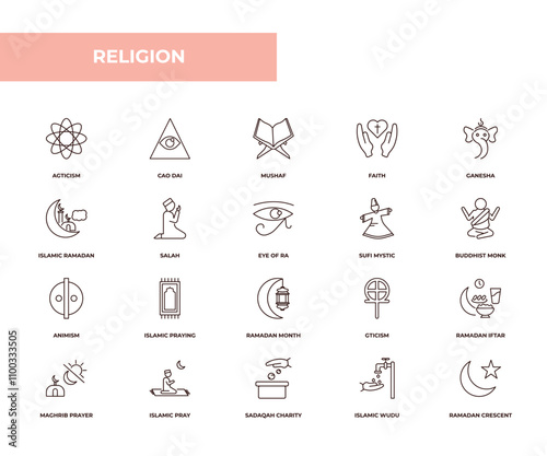 fully editable outline icon collection from religion concept. thin line icons set such as agticism, cao dai, islamic ramadan, islamic wudu, ramadan crescent moon,