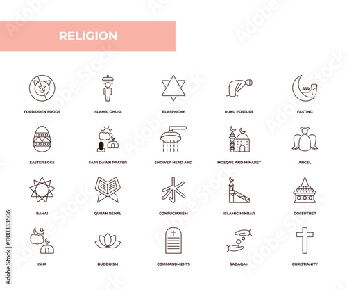 fully editable outline icon collection from religion concept. thin line icons set such as forbidden foods, islamic ghusl, easter eggs, sadaqah, christianity,