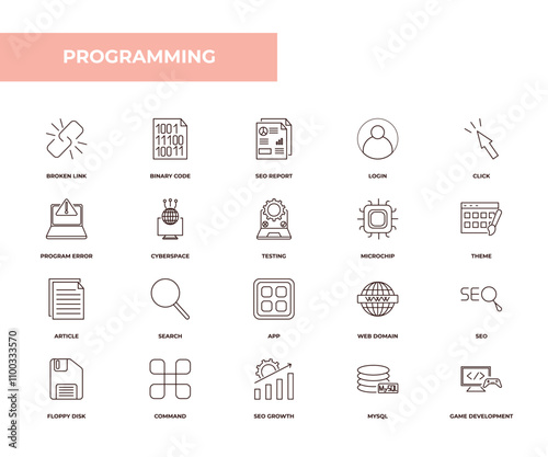 fully editable outline icon collection from programming concept. thin line icons set such as broken link, binary code, program error, mysql, game development,