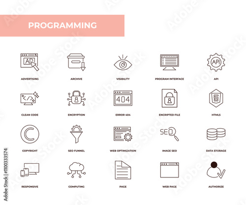 fully editable outline icon collection from programming concept. thin line icons set such as advertising, archive, clean code, web page, authorize,