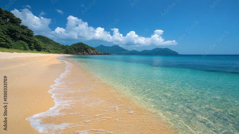 Obraz premium Serene Tropical Beach Scene Under Blue Sky