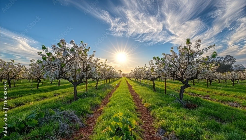 Vibrant vineyard featuring blooming grapevines illuminated by bright late spring sunlight Vibrant vineyard featuring blooming grapevines illuminated by bright late spring sunlight