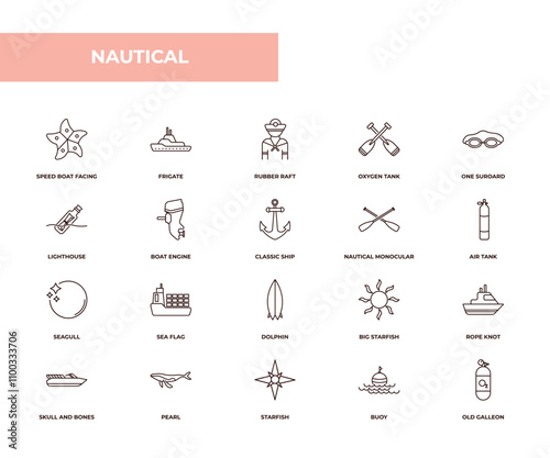 fully editable outline icon collection from nautical concept. thin line icons set such as speed boat facing right, frigate, lighthouse, buoy, old galleon,