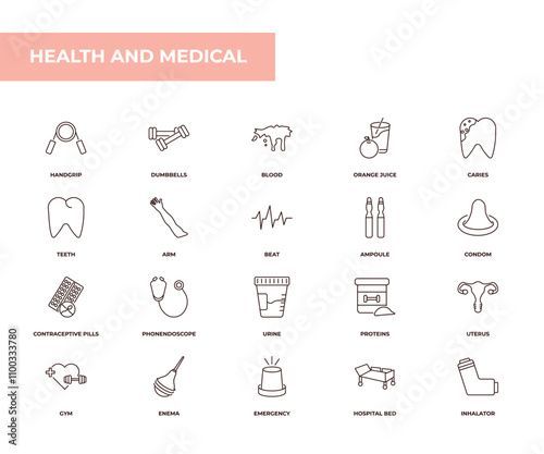 fully editable outline icon collection from health and medical concept. thin line icons set such as handgrip, dumbbells, teeth, hospital bed, inhalator,