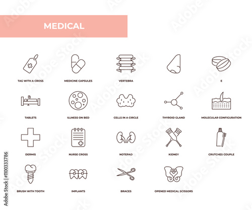 fully editable outline icon collection from medical concept. thin line icons set such as tag with a cross, medicine capsules, tablets, opened medical scissors, p,