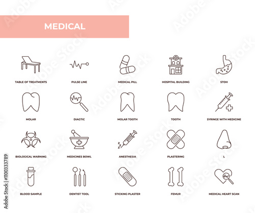 fully editable outline icon collection from medical concept. thin line icons set such as table of treatments, pulse line, molar, femur, medical heart scan,