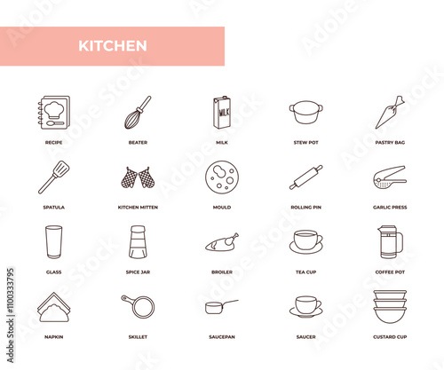 fully editable outline icon collection from kitchen concept. thin line icons set such as recipe, beater, spatula, saucer, custard cup,