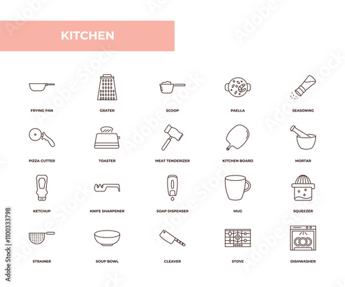 fully editable outline icon collection from kitchen concept. thin line icons set such as frying pan, grater, pizza cutter, stove, dishwasher,