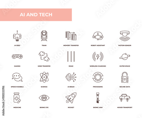 fully editable outline icon collection from ai and tech concept. thin line icons set such as ai grid, train, gaming, bionic arm, hover transport,