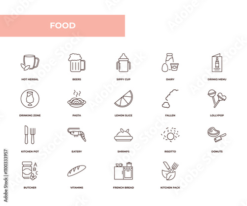 fully editable outline icon collection from food concept. thin line icons set such as hot herbal, beers, drinking zone, kitchen pack, organic food,