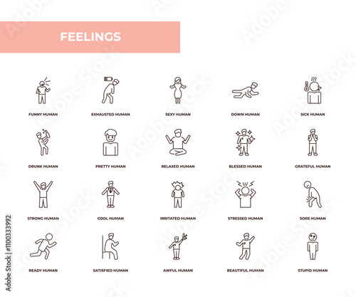 fully editable outline icon collection from feelings concept. thin line icons set such as funny human, exhausted human, drunk human, beautiful stupid