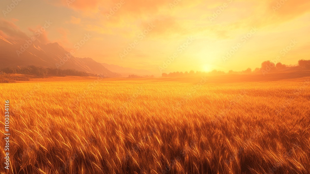 Golden Wheat Field Sunset Mountain Landscape Golden Wheat Field Sunset Mountain Landscape