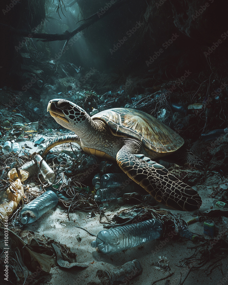 Obraz premium sea turtle navigating through underwater debris, spotlighting the impact of ocean pollution