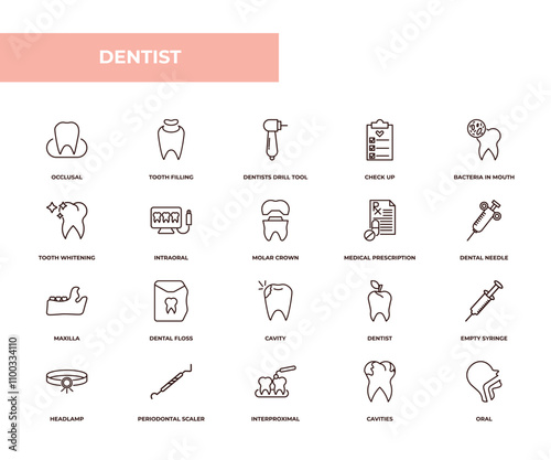 fully editable outline icon collection from dentist concept. thin line icons set such as occlusal, tooth filling, tooth whitening, cavities, oral,