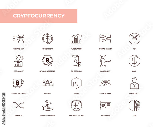 fully editable outline icon collection from cryptocurrency concept. thin line icons set such as crypto key, money flow, economist, vga card, tor,