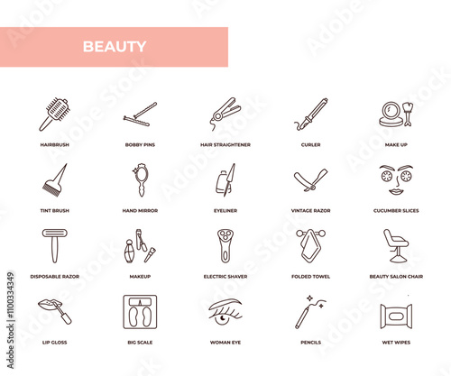 fully editable outline icon collection from beauty concept. thin line icons set such as hairbrush, bobby pins, tint brush, pencils, wet wipes,