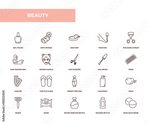 fully editable outline icon collection from beauty concept. thin line icons set such as nail polish, bath sponge, hair washer sink, inclined bottle, bath salts bomb,