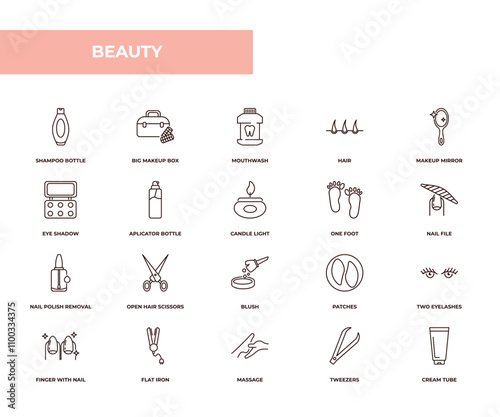 fully editable outline icon collection from beauty concept. thin line icons set such as shampoo bottle, big makeup box, eye shadow, tweezers, cream tube,