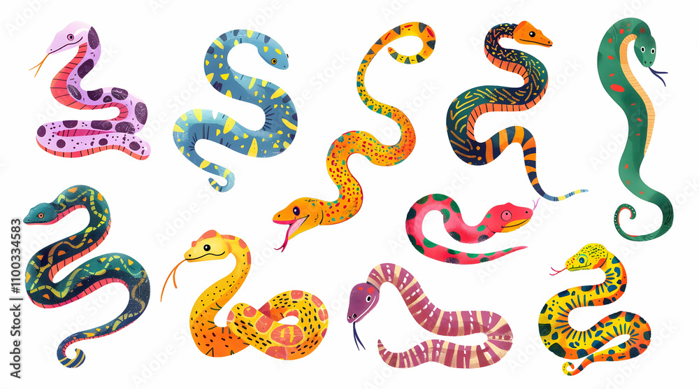 Obraz premium Illustration set of snakes in various poses with colorful dots and stripes