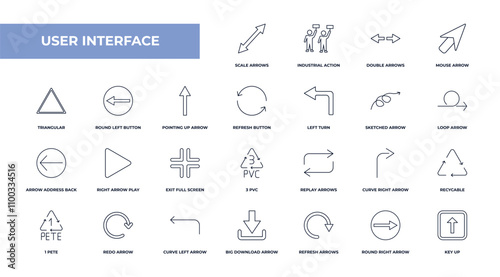 fully editable outline icon collection from user interface concept. thin line icons set such as scale arrows, industrial action, round left button, round right arrow, key up,