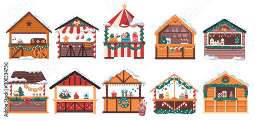 Traditional winter fair vintage stalls flat color vector objects set. Selling food and souvenirs for Christmas illustrations on white background