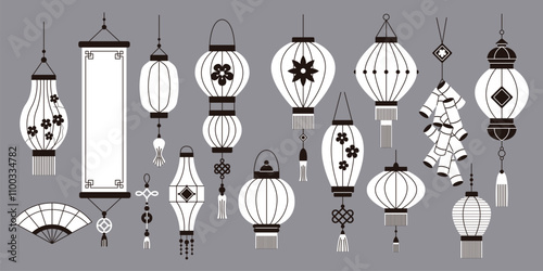 Chinese New Year celebration attributes linear icons collection. Oriental accessories for happy holidays objects set on grey background