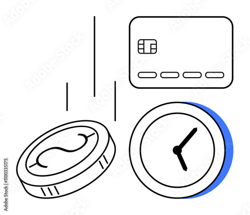 Coin, credit card, and clock representing financial transactions and time management. Ideal for finance, banking, payment systems, time management, business planning economic strategy. Line metaphor