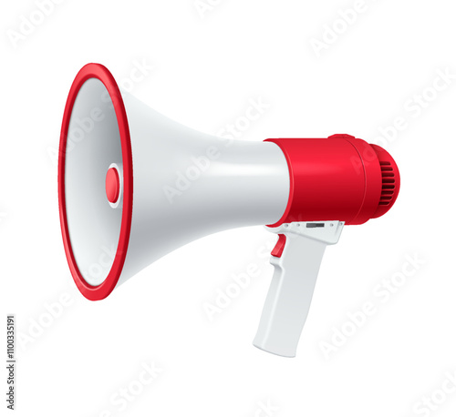 Loudspeaker gadget with red ornament realistic vector illustration. Powerful megaphone for communication side view 3d model on white background