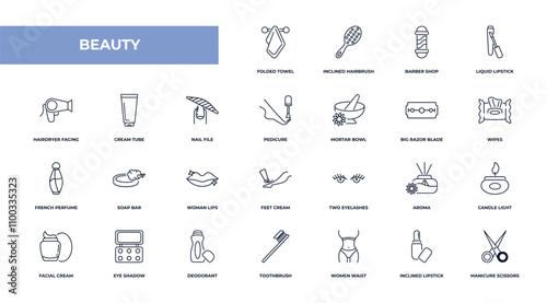 fully editable outline icon collection from beauty concept. thin line icons set such as folded towel, inclined hairbrush, cream tube, inclined lipstick, manicure scissors,