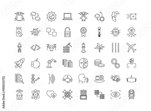 fully editable outline icon collection from ai and tech concept. thin line icons set such as shop assistant, mind transfer, humanoid, smart lens, train,