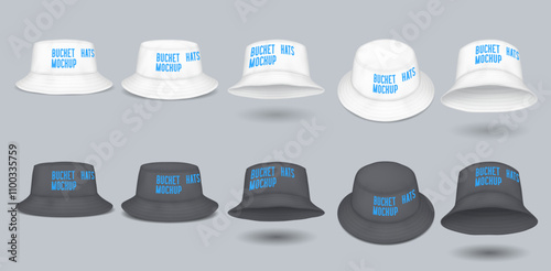 Different perspectives of mockup bucket hats realistic vector illustration set. Street fashion caps template 3d models on grey background