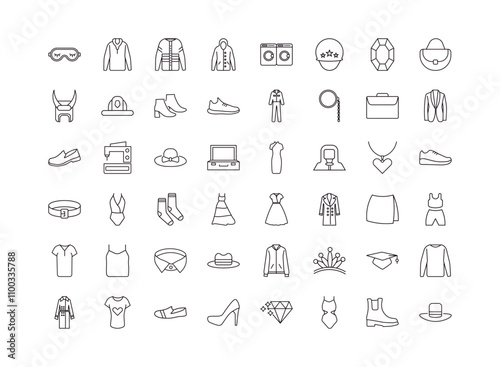 fully editable outline icon collection from fashion concept. thin line icons set such as sleeping mask, sweater with hood, women drees, woman boots, cylinder hat,