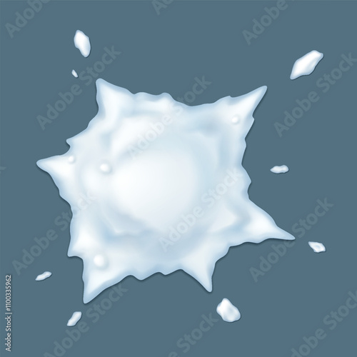 Thrown snowball splat realistic vector illustration. Ice blot texture. Playing with snow in wintertime 3d object on grey background