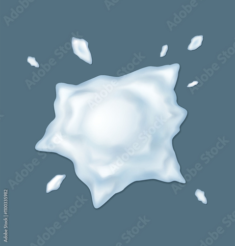 Fallen snowball blot with ice drops realistic vector illustration. Ice ball game. Christmas holiday snow fight 3d object on grey background