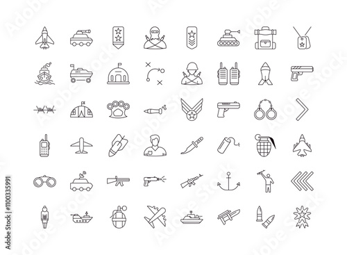 fully editable outline icon collection from army and military concept. thin line icons set such as fighter plane, armored vehicle, knife, two bullets, medal,