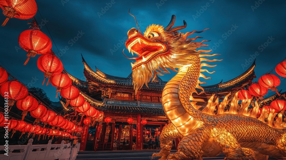 Fototapeta premium A vibrant dragon sculpture illuminated among traditional lanterns and architecture at dusk.