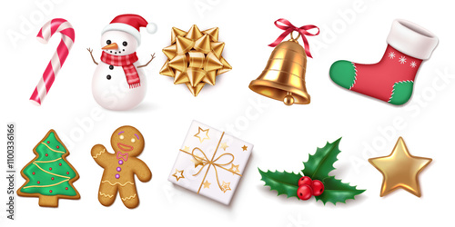 Traditional Christmas decoration realistic color icons set. Snacks and accessories of New Year holiday 3d objects on white background