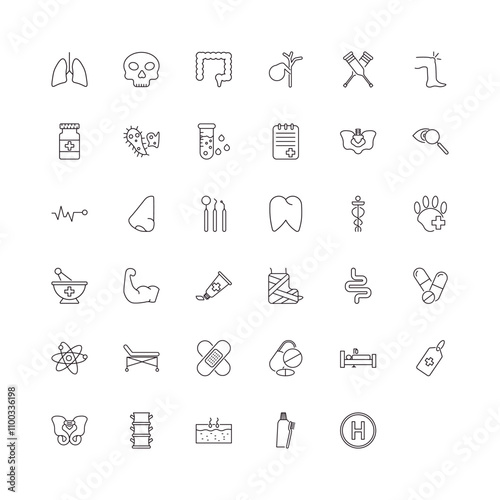 fully editable outline icon collection from medical concept. thin line icons set such as lungs, dead, pelvic area, brush with tooth paste, heliport,