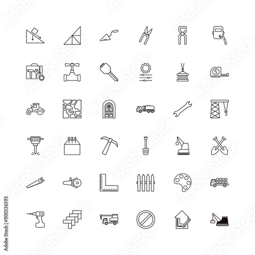 fully editable outline icon collection from construction concept. thin line icons set such as inclined, joist, five meters ruler, interior de, derrick with box,