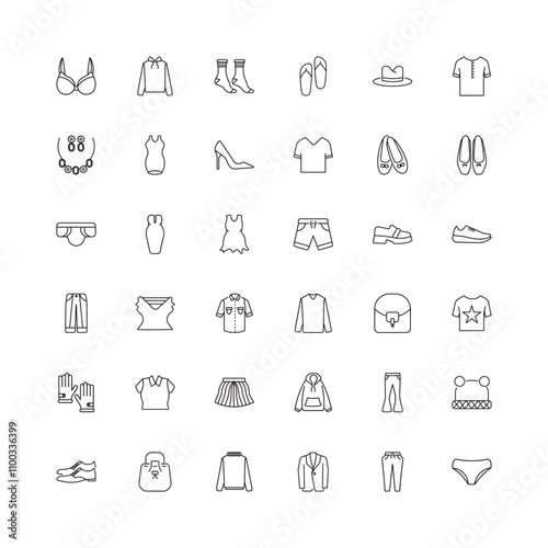 fully editable outline icon collection from clothes concept. thin line icons set such as brassiere, sweatshirt, ballets flats, pegged pants, panties,