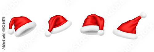 Vintage scarlet Santa hats with fur trims realistic vector illustration set. Traditional Christmas holiday decorative caps 3d models on white background