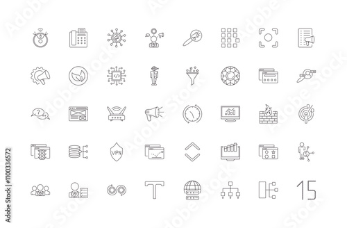 fully editable outline icon collection from technology concept. thin line icons set such as robot vacuum, fax phone, user research, wired connection, digital number 15,