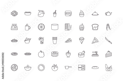 fully editable outline icon collection from restaurant concept. thin line icons set such as paella with parwns, hot dog with ketchup, two brochettes, load of bread, open tin with spoon,
