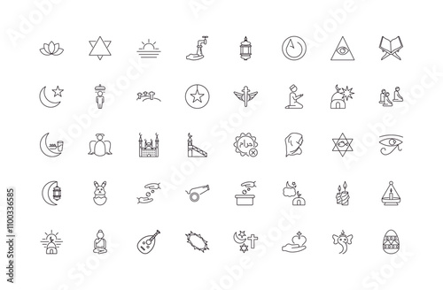 fully editable outline icon collection from religion concept. thin line icons set such as buddhism, blasphemy, islamic friday prayer, ganesha, easter eggs,