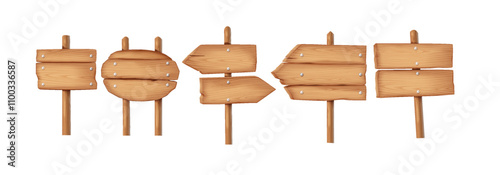 Wooden signposts nailed to posts realistic color icons set. Old fashioned versatile signage options for announcement 3d objects on white background