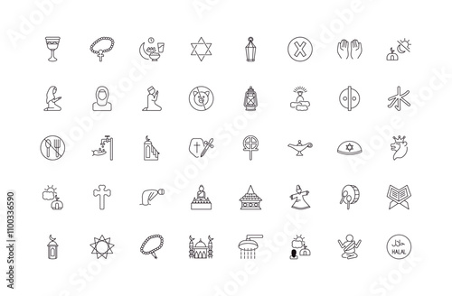 fully editable outline icon collection from religion concept. thin line icons set such as goblet, raya rosary, confucianism, buddhist monk, islamic halal,