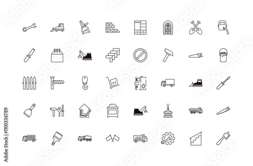 fully editable outline icon collection from construction concept. thin line icons set such as round wrench, little snowplow, paint bucket, stairs with handle, inclined ax,